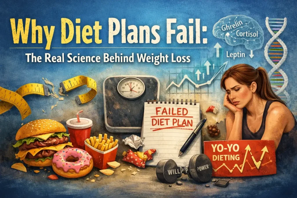 Why diet plans fail illustration showing junk food, weighing scale, and weight loss struggle